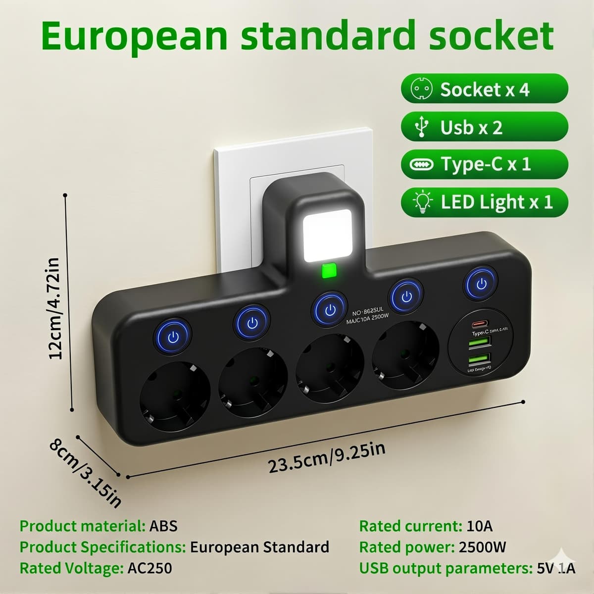 Regleta de Enchufe de Pared con 4 Tomas Europeas, Adaptador con USB C y 2 USB A, Ladrón de Enchufe con Interruptores Independientes para Hogar y Oficina (Negro) (Negro) — view 2