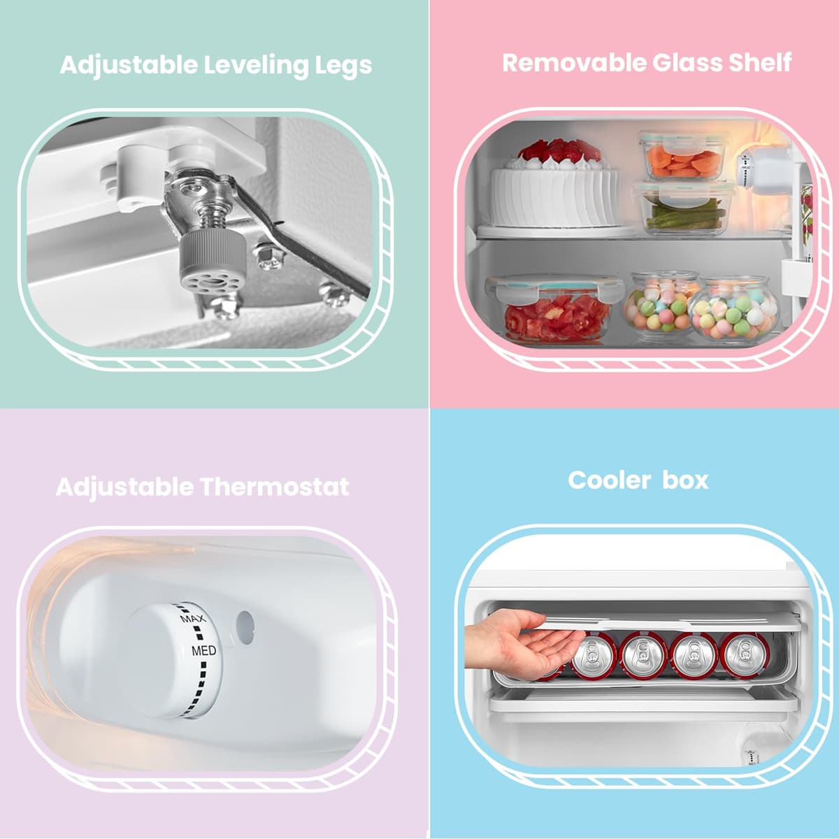 COMFEE' RCD93WH2(E) Under Counter Fridge, 93L Freestanding Refrigerator with Cooler Box, Adjustable Thermostat, Reversible Door, Removable Glass Shelves, Interior Light, White — view 5
