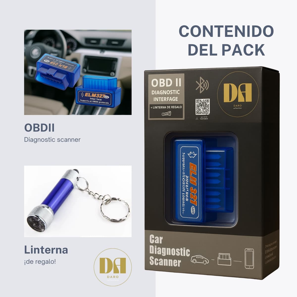 DARO OBD2 Bluetooth ELM327 – Multi-brand Car Diagnosis Reader and Machine in Spanish – OBD2 Diagnosis Scanner Compatible with Android and iOS – Set with External Flashlight to Locate OBD Port — view 3