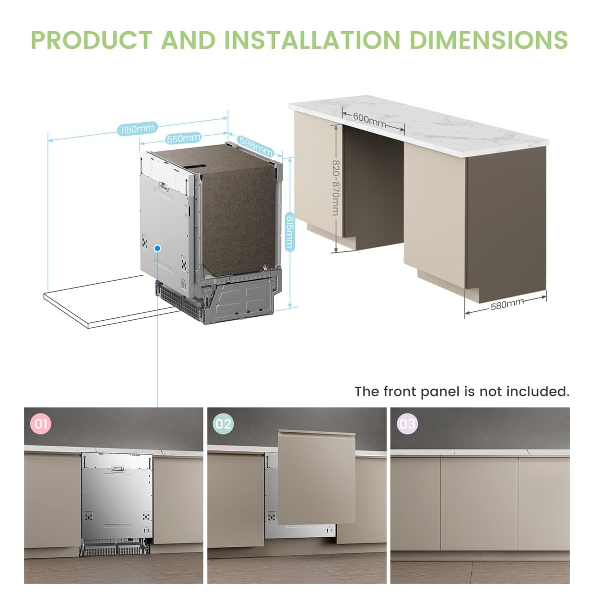 COMFEE' Fully Integrated Dishwasher with 14 Place Settings, Wi-Fi Connected, 47dB Low Noise, Built-in Dishwasher with Rapid Wash, Half-load, Auto Door Open Drying-CDWPF1415P-UK — view 2