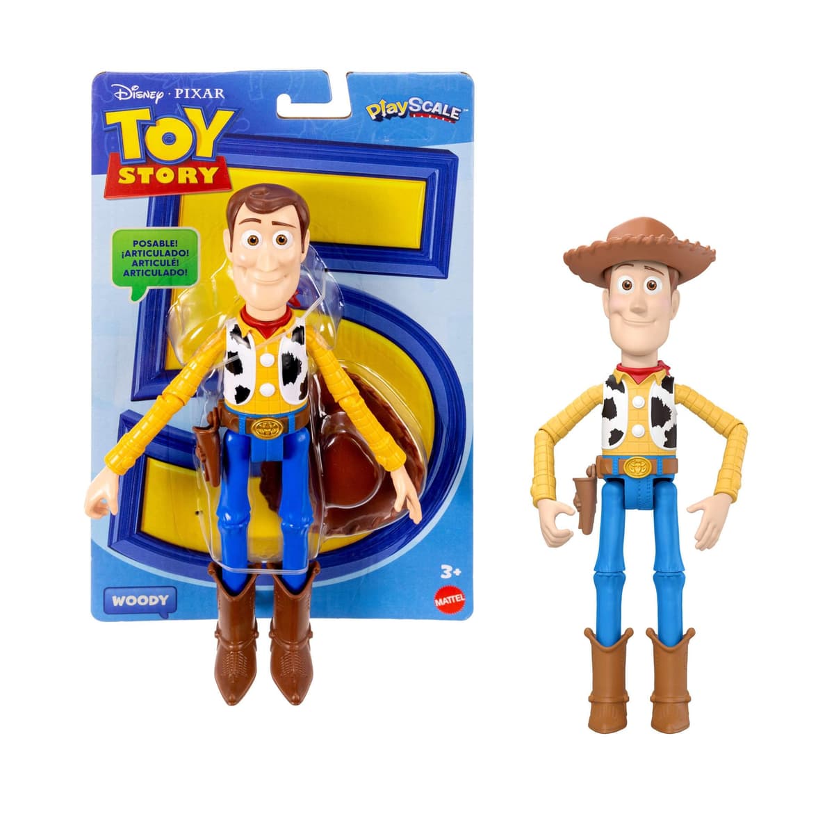 Mattel Disney Pixar Toy Story 5 Woody Figura de acción de 23,36 cm del Sheriff Vaquero, 14 articulaciones móviles, diseño Fiel a la película, Sombrero de Quita y pon, JKV14