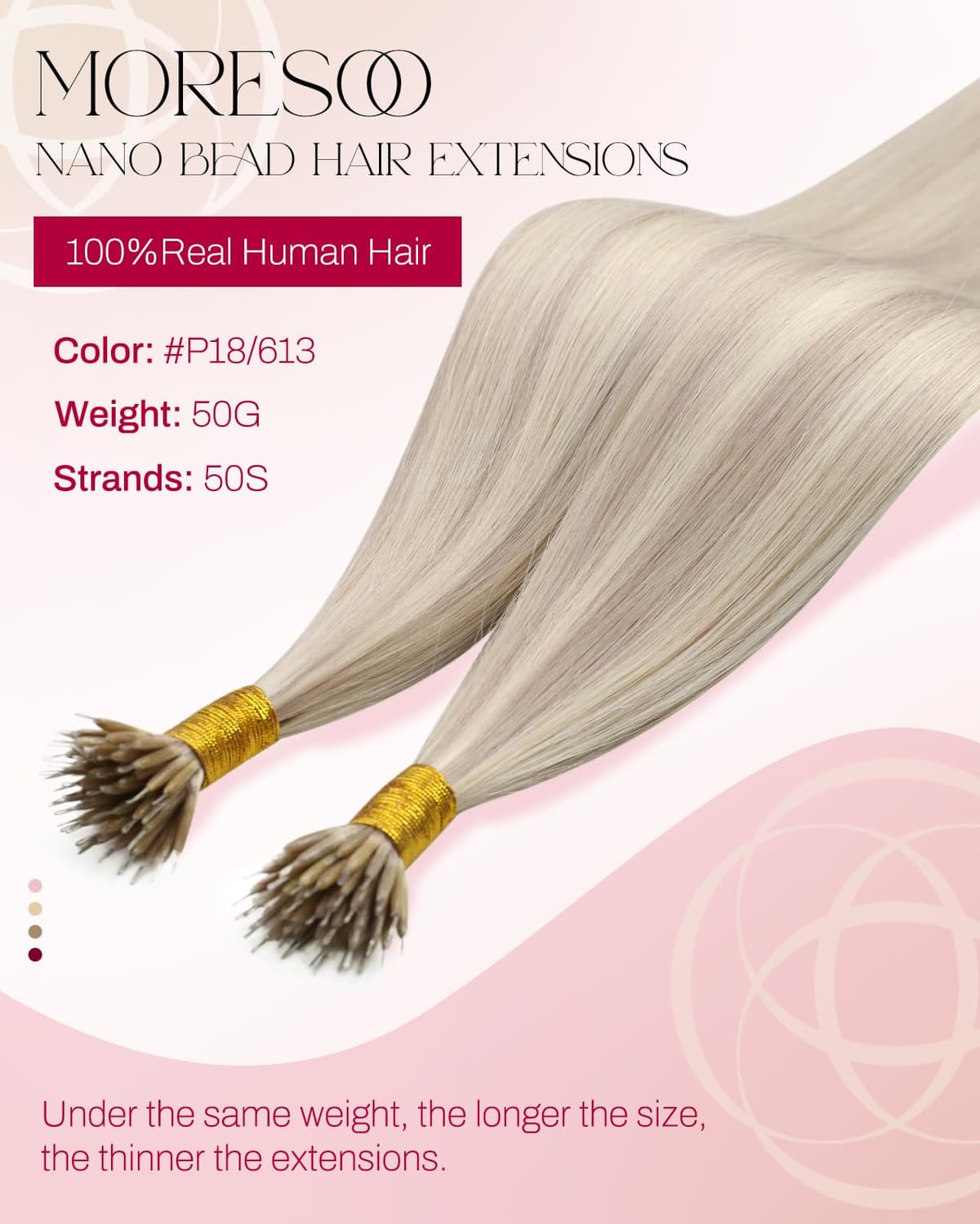 Moresoo Blonde Nano Hair Extensions Human Hair Ash Blonde with Platinum Blonde Nano Beads Human Hair Extensions 18 Inch Blonde Nano Ring Hair Extensions 1g/s 50g/Pack #P18/613 — view 2