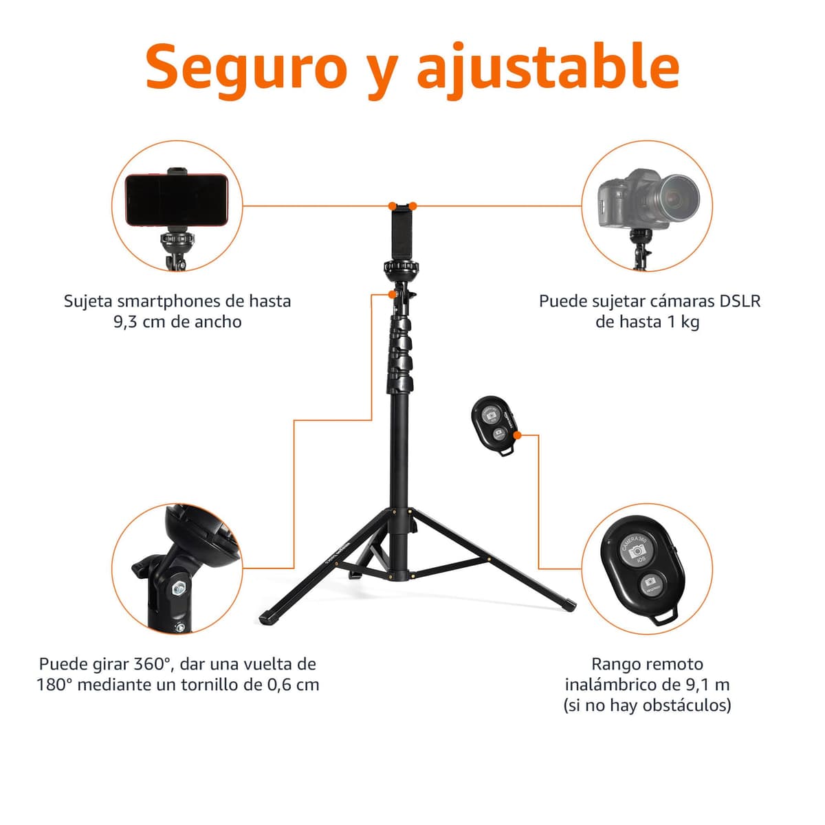Amazon Basics Trípode y Paloselfi Extensible para Teléfono de 162cm/64in, con Mando a Distancia Inalámbrico, Negro — view 5