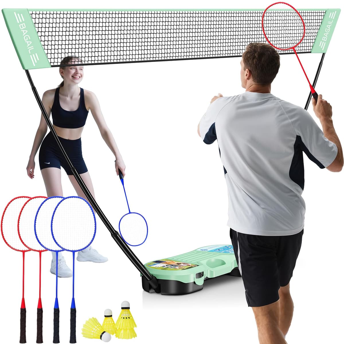 BAGAIL Conjunto de Red de bádminton portátil - Bolsa de Almacenamiento - Base autónoma - Instalación rápida - Red de bádminton con 4 Raquetas y 4 Volantes para Jugar en Interiores y Exteriores
