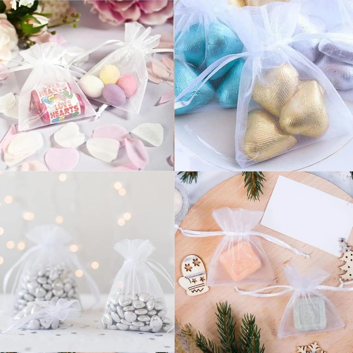 VOOSFSIE Bolsas de Organza Blancas 10x15cm, 50 Unidades Bolsas de Regalo Transparentes con Cordón, Bolsas de Organza para Bodas, Dulces, Joyas, Navidad, Fiestas y Embalaje de Souvenirs — view 6