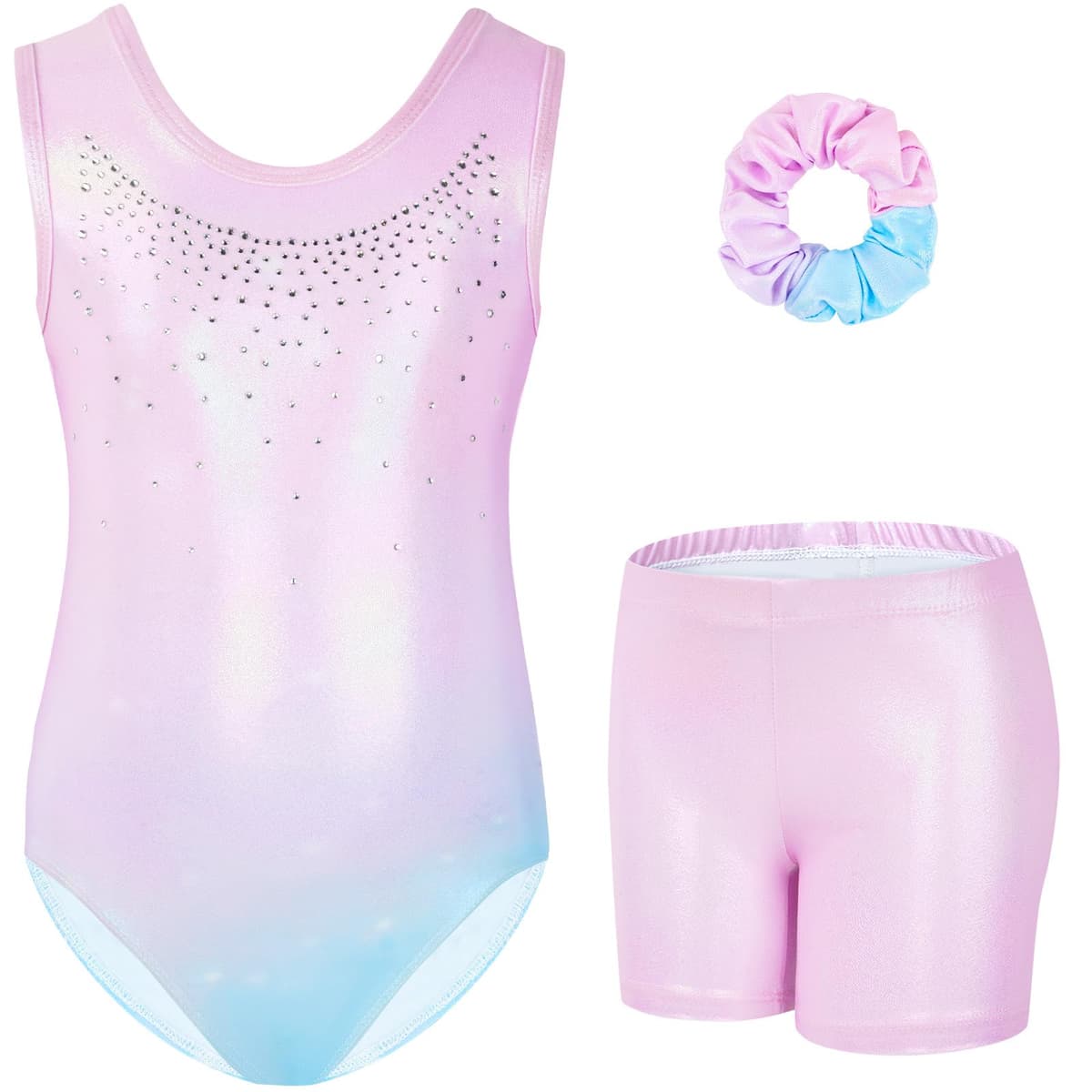 Gogokids Conjunto de gimnasia de tres piezas para niña, cuello en Y, sin mangas, con pantalones cortos y diadema, traje de gimnasia con diseño de bloques de color azul y morado, 3-12 años — view 31