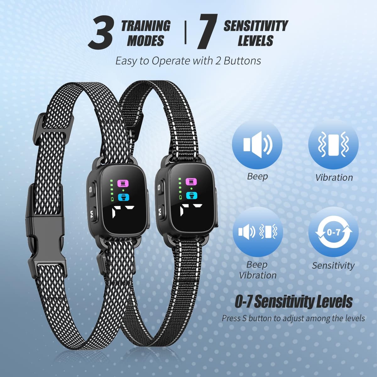 Anti Bark Collar for Small Dogs 2 Pack, No Shock Bark Collar with Beep & Vibration, 7 Sensitivity Levels, Smart Bark Detection, Rechargeable IP67 Waterproof Bark Collar for Small Dogs 5-30lbs — view 2