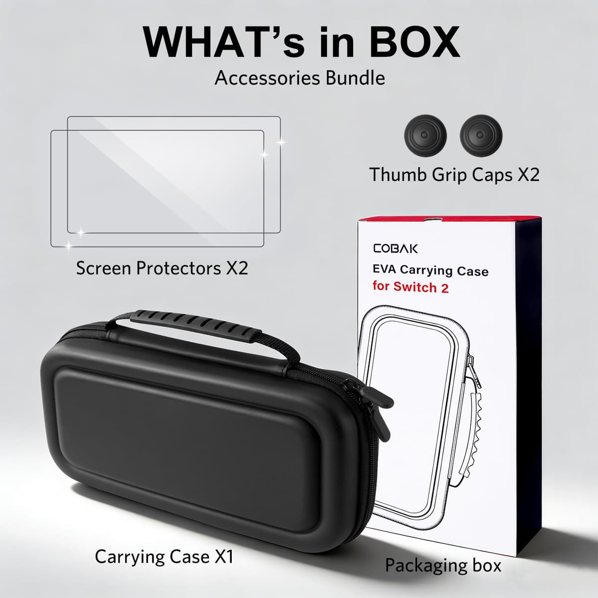CoBak Funda Nintendo Switch 2 (2025) - Set 3en1: 2 Protectores Vidrio + 2 Gomas Palancas + Funda Rígida Portátil, Negro — view 2
