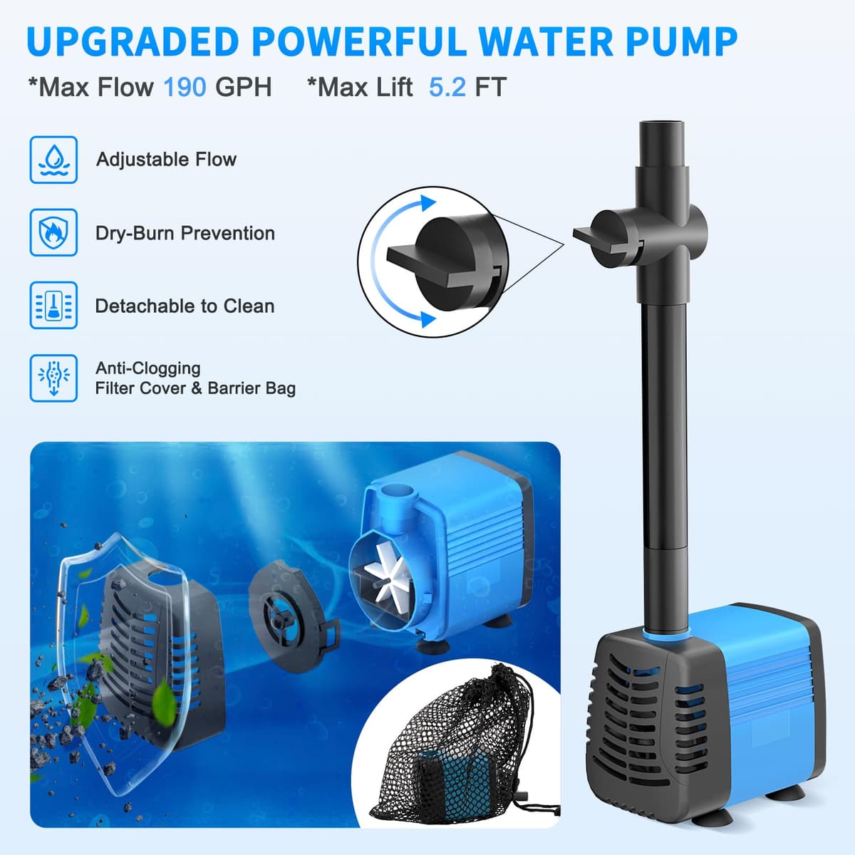 Solar Pond Pump, 15W Solar Fountain Pump with 720L/h Flow, 16.5Ft Extendable Power Cord, 4 Spray Styles & Debris Barrier Bag – Perfect for Ponds & Water Features — view 2