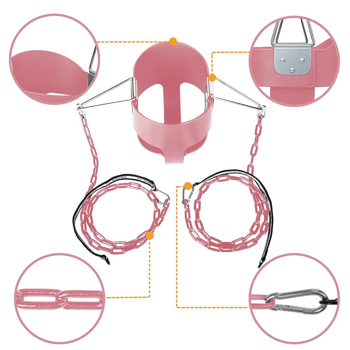 KINSPORY Toddler Swing, 59" Heavy-Duty Coated Iron Chains Baby Swing, High Back Full Bucket Infant Swing Seat with Tree Straps for Indoor & Outdoor Backyard Swing Sets (Pink) — view 5