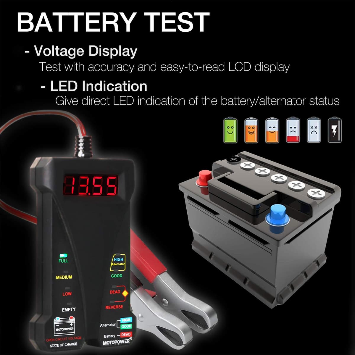 MOTOPOWER 12V Digital Battery Tester Voltmeter and Alternator Charging System Analyzer with LCD Display and LED Indication, Black Rubber Paint — view 3