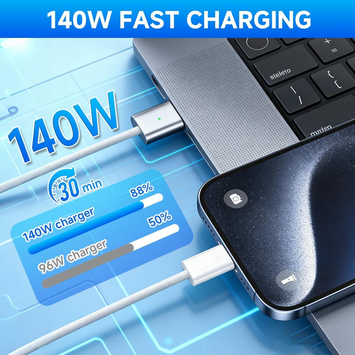 Auravale 140 W Cable USB-C a mag Safe 3, Cable Carga Rapida USB C a mag Safe 3 para Mac Book Air de 15 pulgadas/13 Pulgadas M4 2025, M3 2024, M2 2023, M2 2022, Mac Book Pro de 16 — view 3