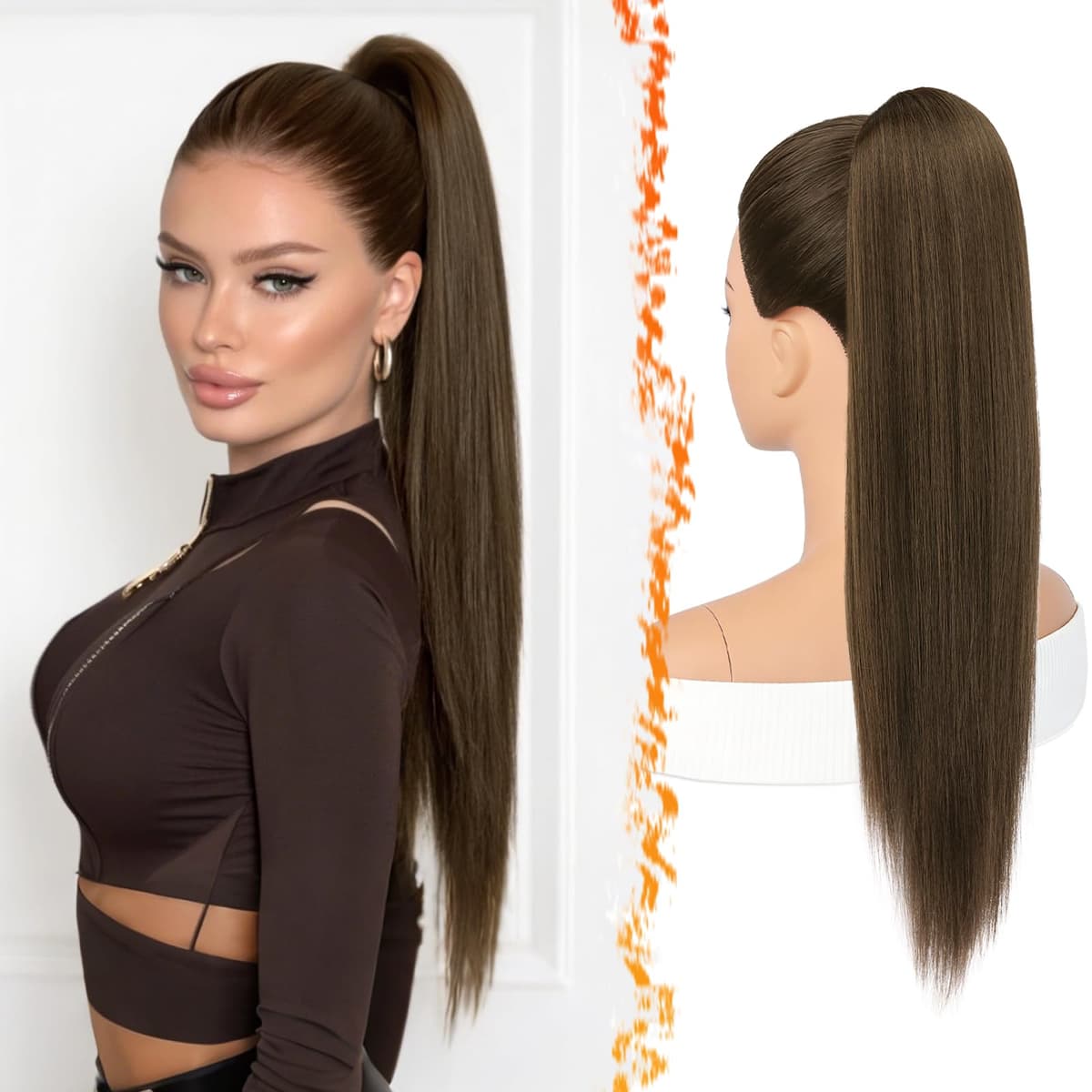 BARSDAR Liso Coleta Postiza Extensiones Pelo, 40cm Corta Liso Marrón Oscuro Cola de Caballo Extension con Cordón Natural Sintética Cheer Posh Ponytail Extensiones Postizos Fiestas Cheer Competition — view 10
