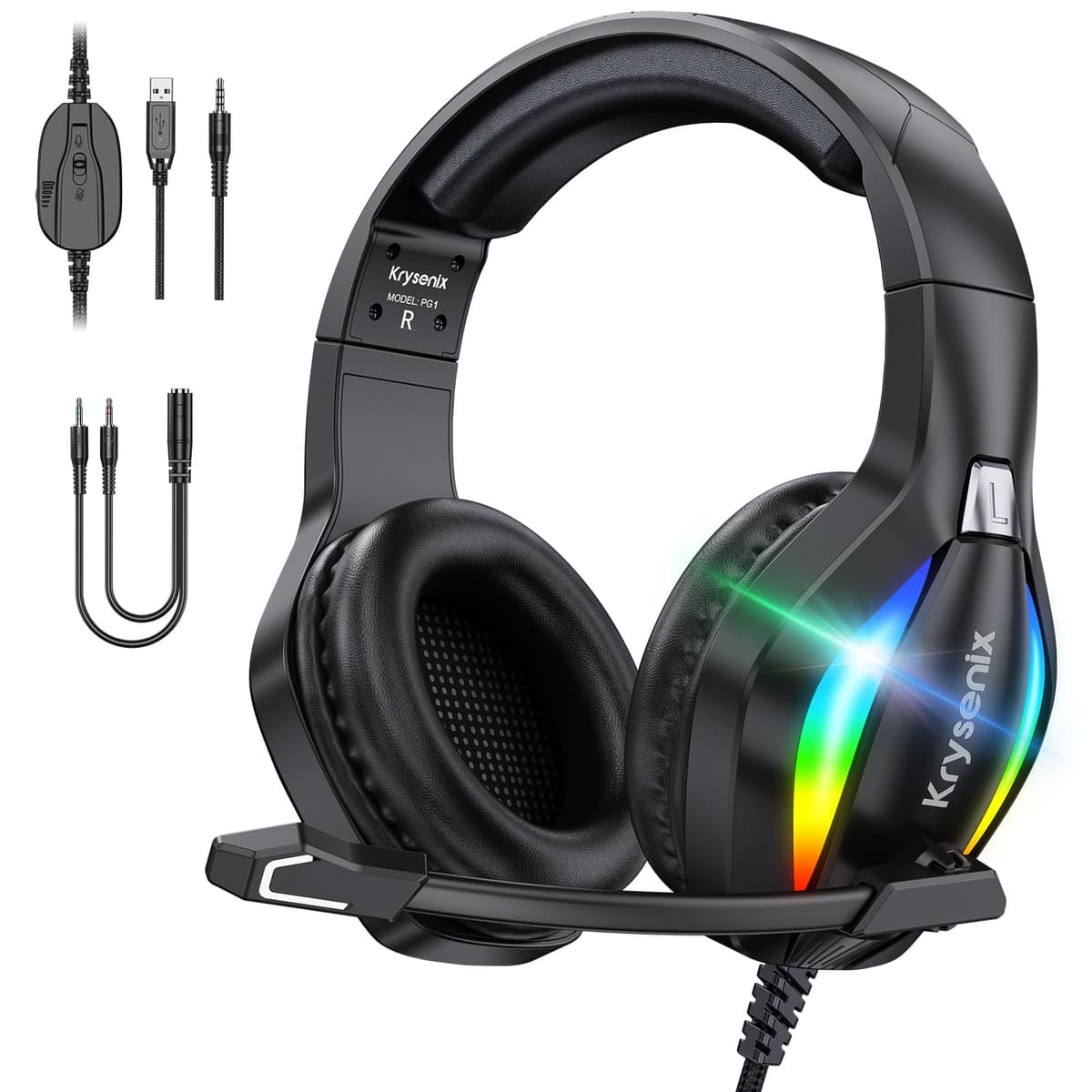 Krysenix PG1 RGB Gaming Headset for PS4, PS5, PC, Switch, Xbox, Headset with LED and Gaming Headphones with Microphone, Noise Cancelling Headphones with 3.5mm Jack,Deep black