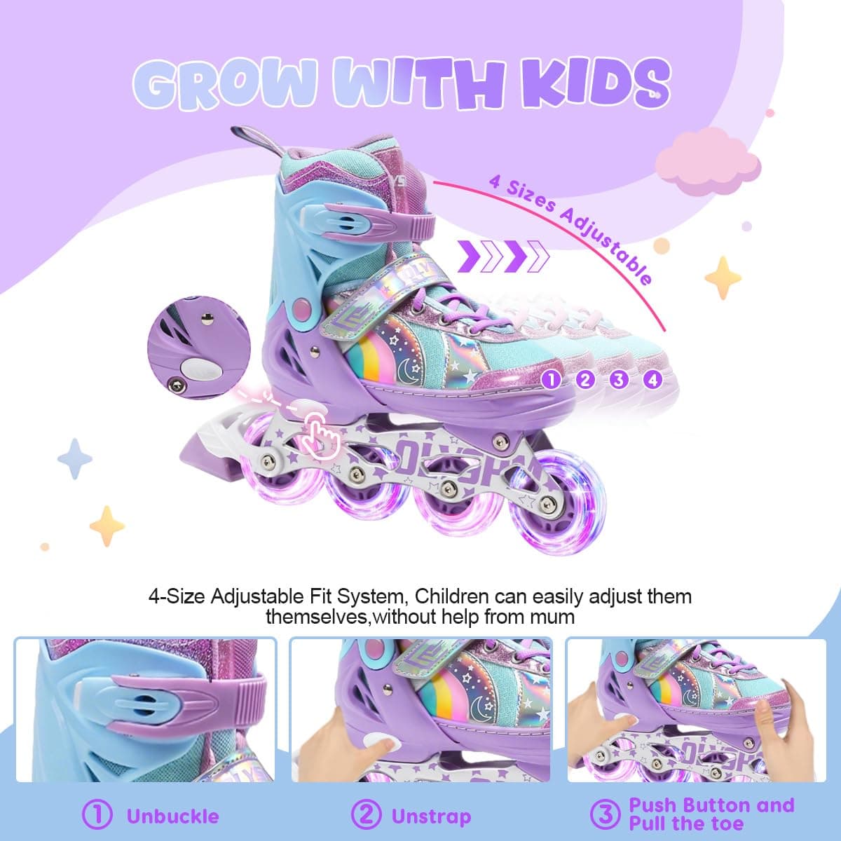 Patines en Linea Niña,Patines Niña,Patines Niño,Patines Linea Ajustables de 4 Tamaños para Hacer Compañía a Tus Hijos para Interior y Exterior — view 4