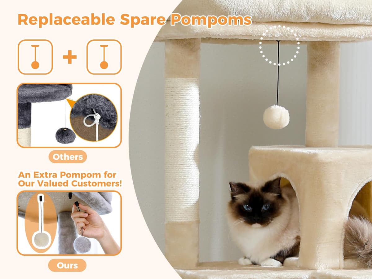 PAWZ Road 143cm Cat Tree for Indoor Cats with Metal Frame Large Hammock, 56.3 Inches Big Cat Tower with Scratching Posts and Top Perch, 4.7ft Multi-Level Activity Center with Replaceable Pompon, Beige — view 5