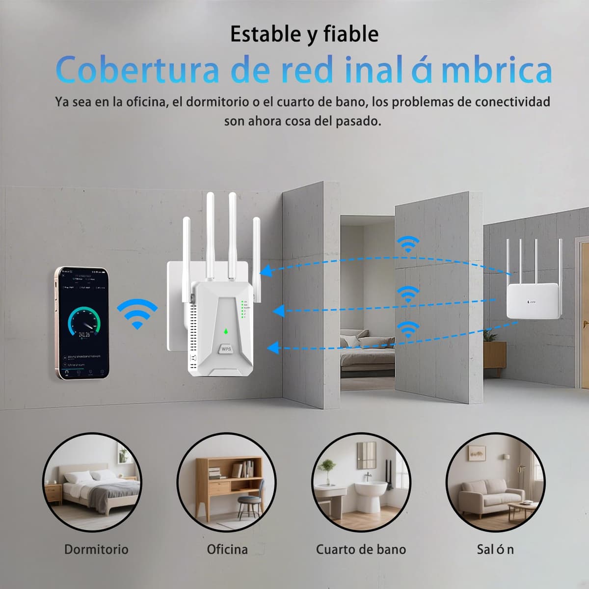 Repetidor WiFi Largo Alcance, Amplificador Señal WiFi 2.4 GHz con 4 Antenas, Extender con Puerto Ethernet 300 Mbps, Compatible con Todos los Routers, Botón Repetidor/Router/Ap (Blanco) — view 4