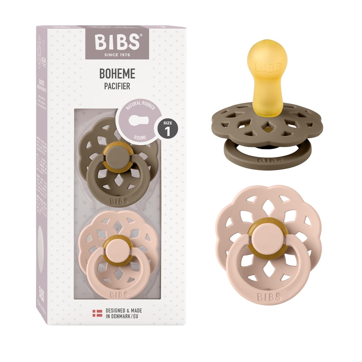 BIBS Boheme Soother 2-Pack. BPA Free. Round Nipple. Natural Rubber Latex, Made in Denmark. Size 2 (6-18 Months), Blossom/Dusky Lilac — view 32