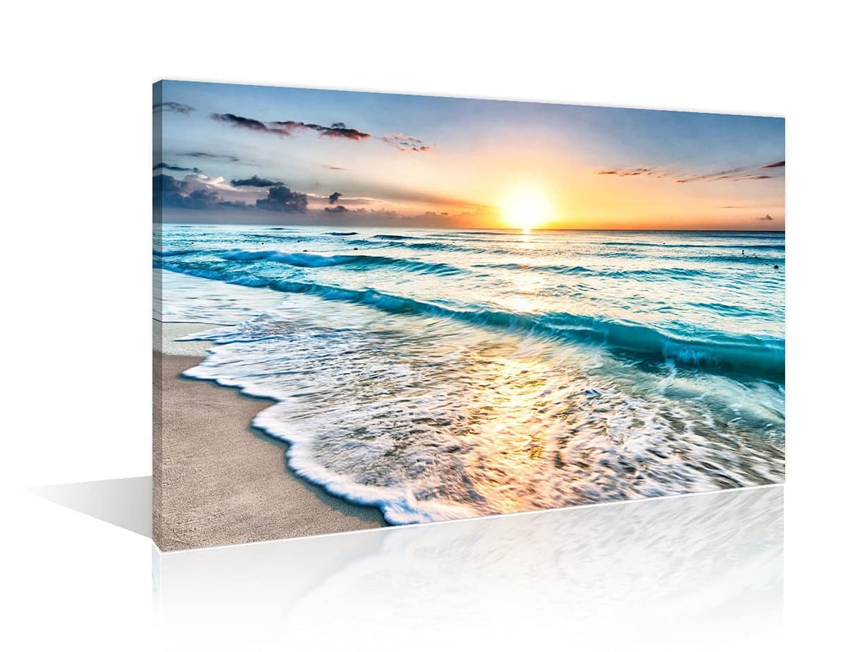 TISHIRON Wall Art Sandy Beach Sunrise Pictures Painting on Canvas Wall Art Modern Framed Seaside Canvas Prints Ready To Hang(24X16in) — view 36
