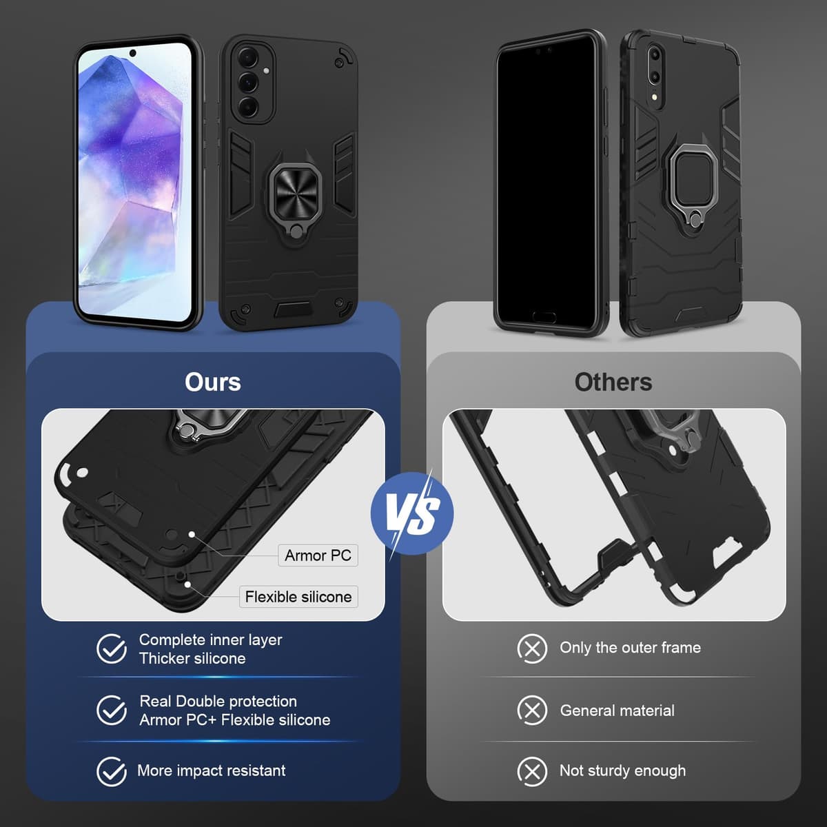 Funda para CMF Phone 2 Pro, Carcasa Antigolpes con Soporte anular metálico, Case Protectora de Grado Militar, Negro — view 1253