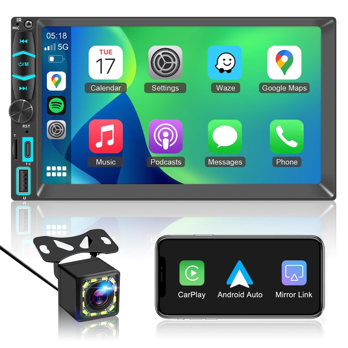 Radio Coche 2 DIN con Wired CarPlay&Android Auto,7" HD Carplay Coche con Pantalla táctil,Autoradio con Bluetooth,Mirror Link,FM,AUX,Cámara de Respaldo,Navegación GPS,Control por Voz,Type-C,USB,SWC — view 8