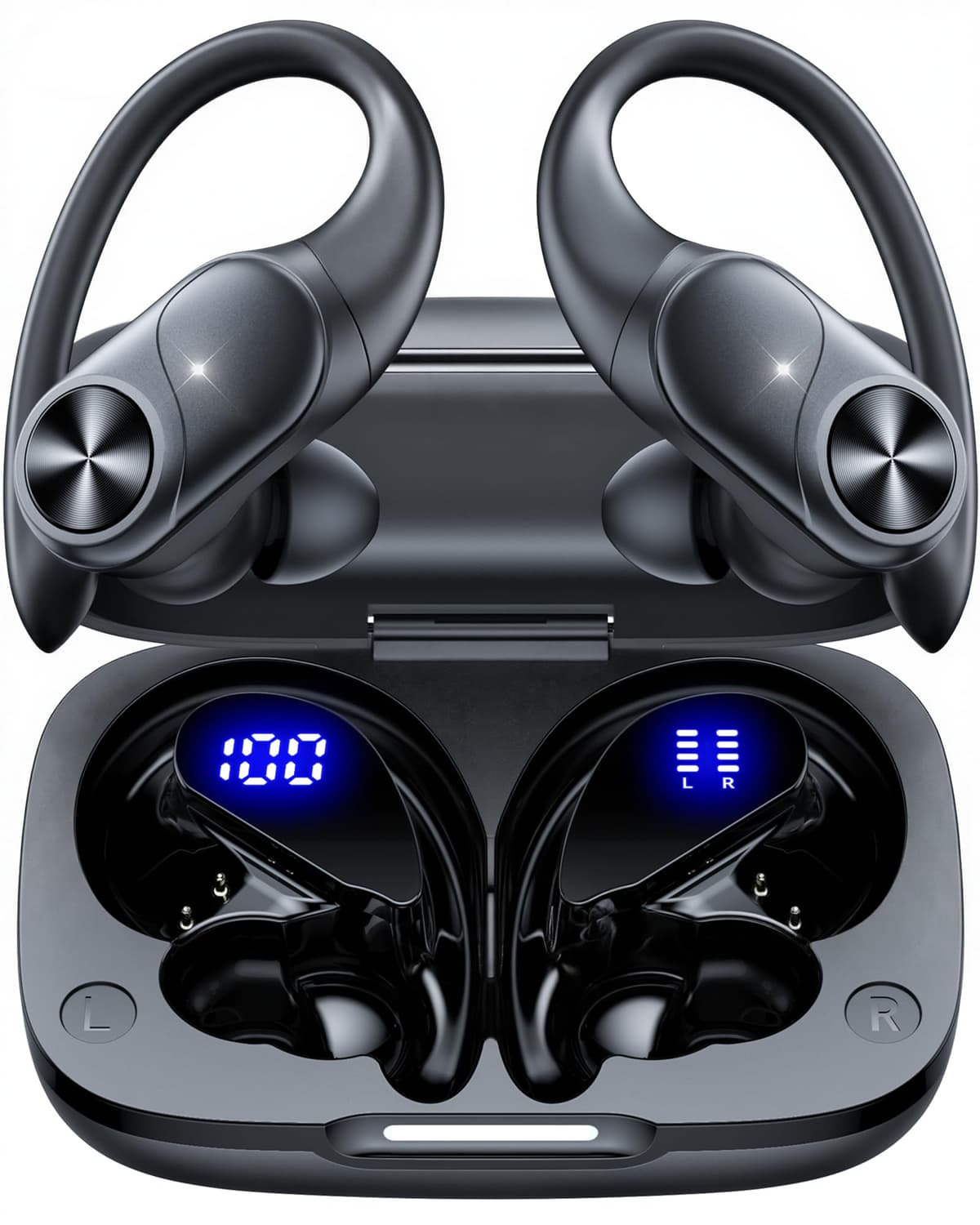 Auriculares Inalámbricos Bluetooth Deportivos 5.3 , 80h Autonomía, Doble Pantalla LED Batería, IPX7 Resistentes, Micrófono Integrado, Controles Físicos, Auriculares para Correr con Gancho de Oreja