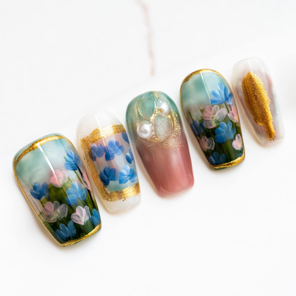 Sun&Beam Nails Handmade Press On Nail Long Coffin Ballerina Pink Flower Acrylic Fake Tip 3D Design Art Charms Cute with Storage Box 10 Pcs (S) — view 277