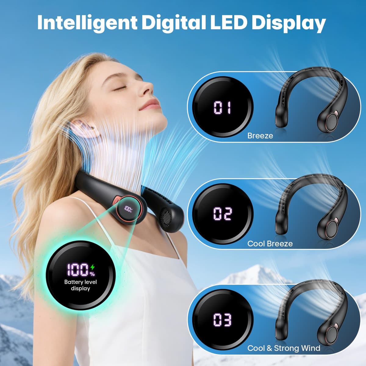 ACELIFE Ventilador de Cuello Portátil Silencioso con 6000 mAh, Sin Hojas, Ultraligero con Indicador LED, Refrigeración de 360°, 3 Velocidades, Negro — view 3