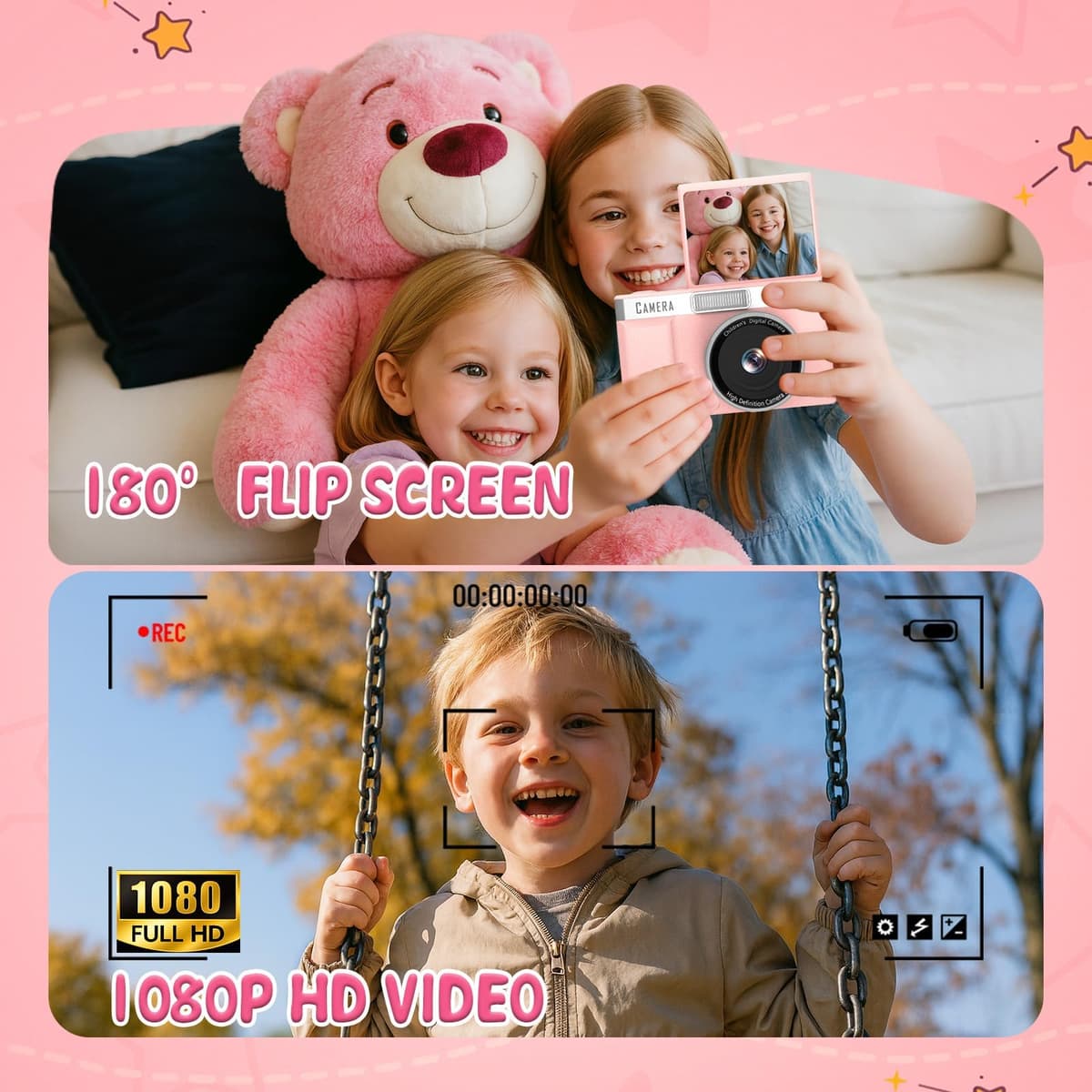 Kids Digital Camera FHD 1080P Digital Camera For Kid With 32GB Card,2'' Flip 180 ° Screen With Support For Selfie Vlog Cam,Compact Camera With Flash,Birthday for Kids Boys Girls. — view 3