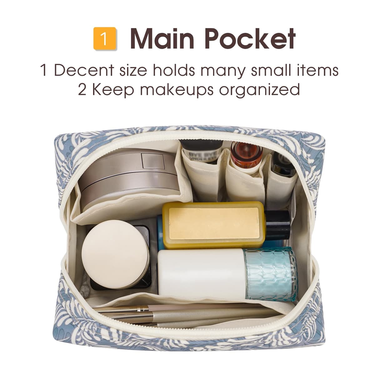 Small Makeup Bag for Handbag Cute Mini Cosmetic Bag PouchTravel Make up Bag for Purse (Blue Leaf, Small) — view 4