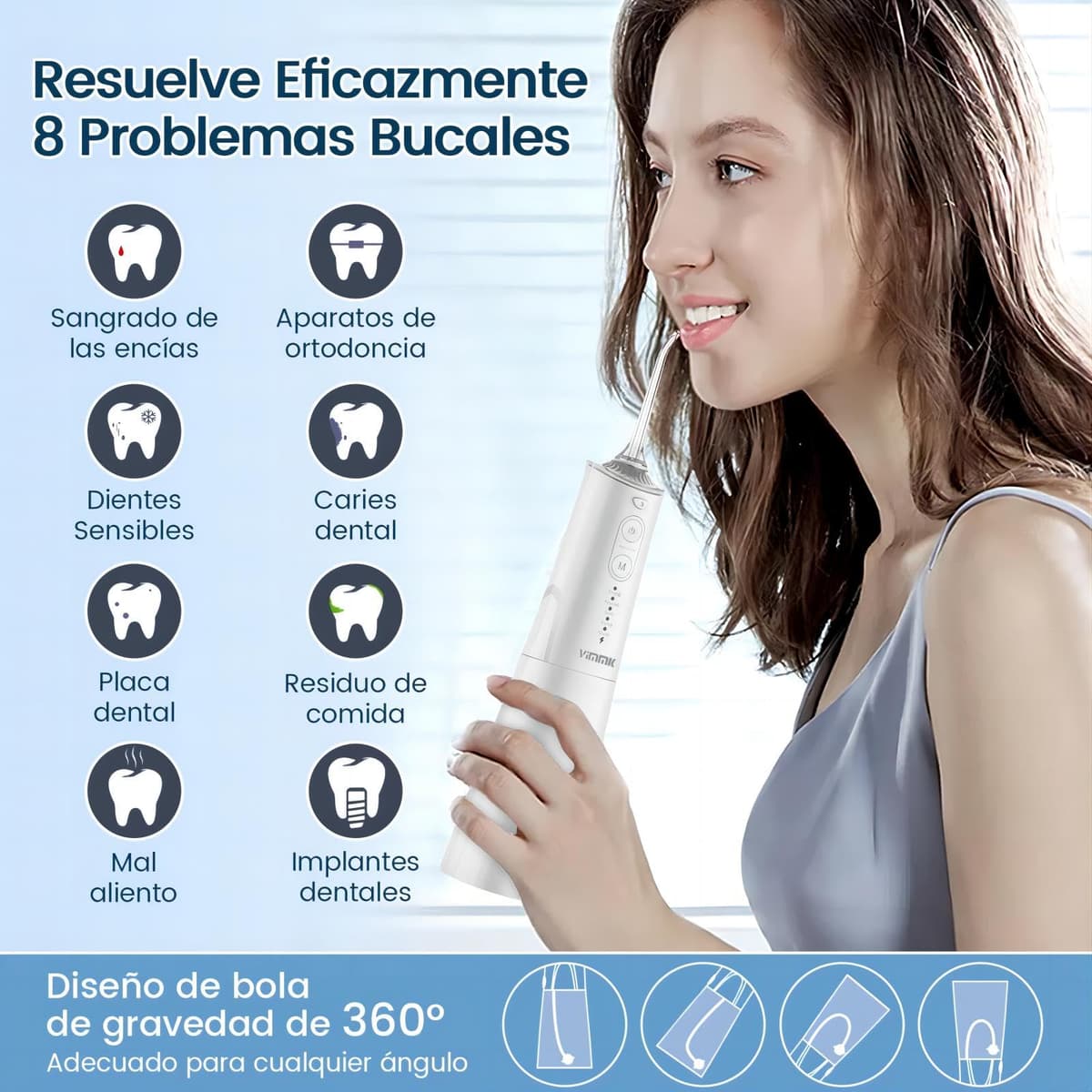 Irrigador Bucal Portatil, Vimmk Irrigador Dental Inalámbrico Profesional 8 Boquillas 5 Modos, IPX7 Impermeable 300ML USB-C Recargable Para Limpieza Dientes, Para el Hogar y los Viajes (Blanco) — view 5