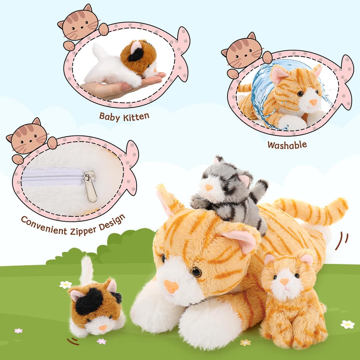 MorisMos Cat Teddy Soft Toy, 40cm Mom Plush with 3 Cuddly Baby Inside Kawaii Kittens Realistic Fluffly Cat Gift for Kids Girlfriend Birthday Christmas Deco — view 4