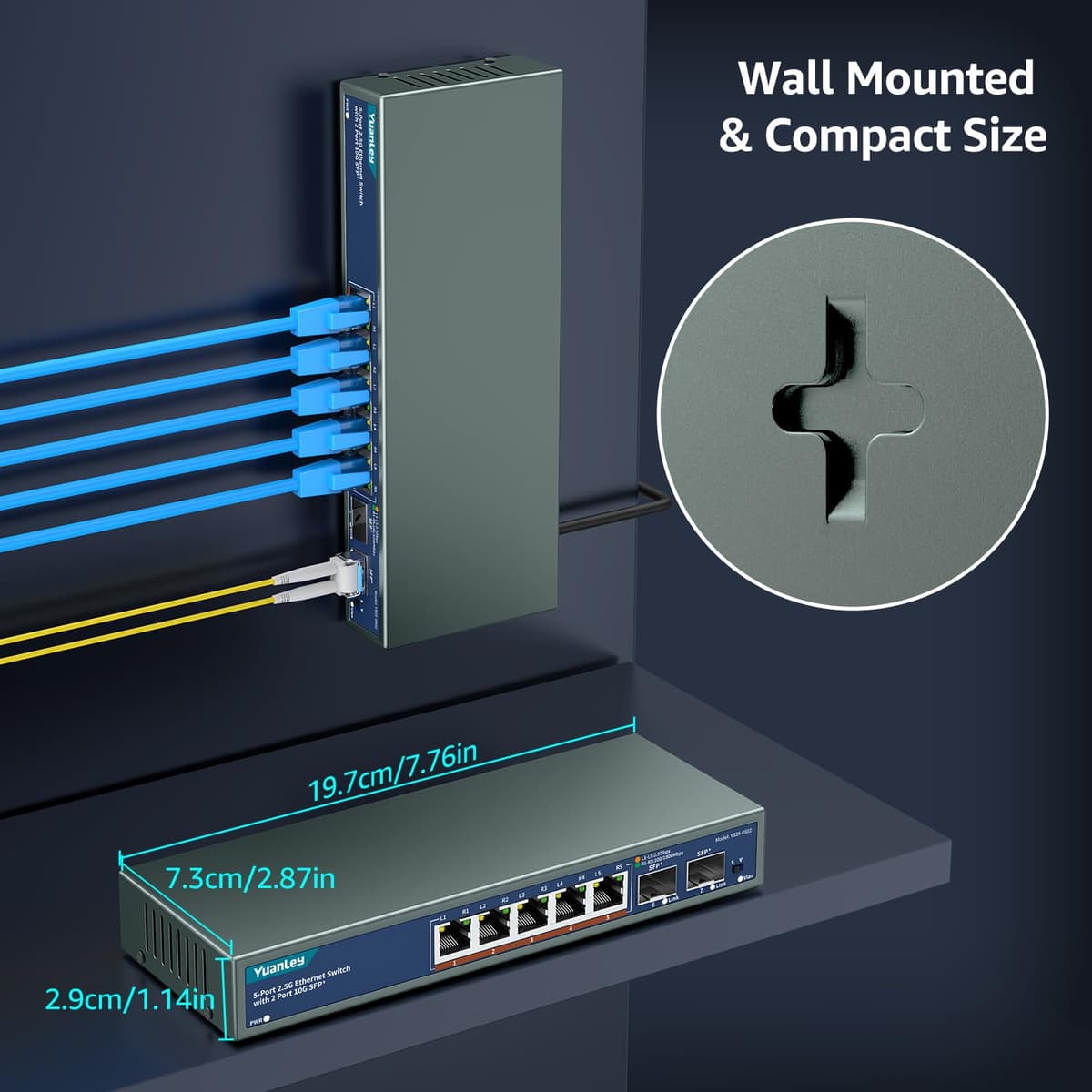 7 Puertos 2.5G Switch Ethernet Umanaged, 5 Puertos 2.5G Base-T, 2 Puertos 10G SFP, Compatible 10/100/1000Mbps, Fanless Pared Conmutador de Red YuanLey 2.5Gbe para Ap Inalámbrico, NAS, PC — view 5