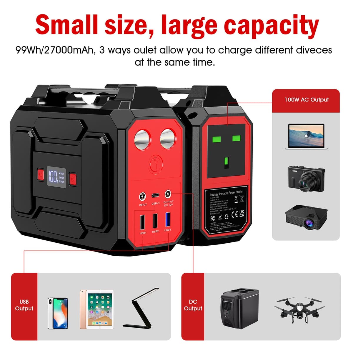 Powkey 99Wh/ 27000mAh Portable Power Station,100W Camping Power Pack,Solar Generator with AC/DC/USB/Type- C Outlet for Outdoors Camping Travel Fishing Emergency Power Supply Red — view 3
