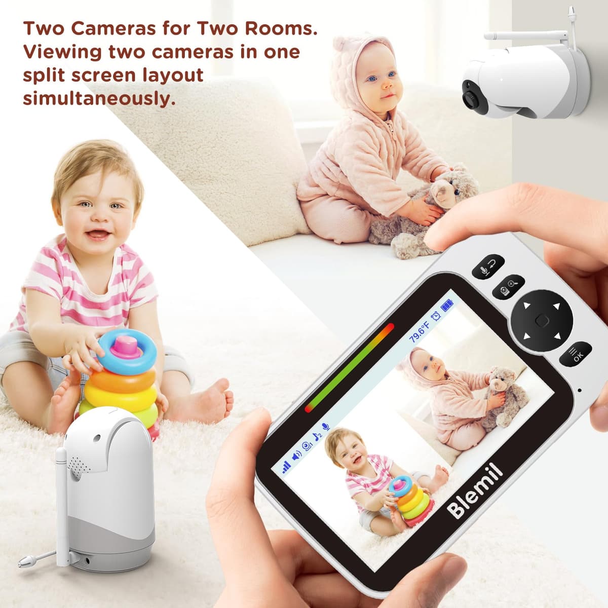 Blemil 5" Split-Screen Baby Monitor with 30-Hour Battery, Large Video Baby Monitor with Camera and Night Vision, Remote Pan/Tilt/Zoom Camera, Two-Way Talk, Lullabies, No WiFi,Up to 1000ft — view 7