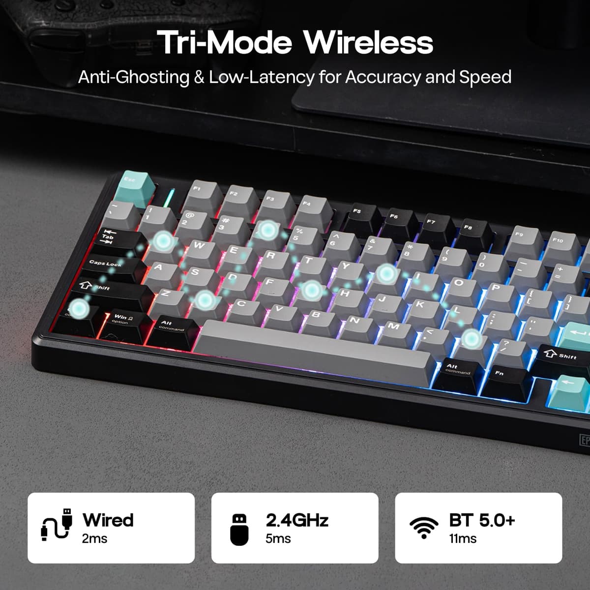 EPOMAKER TH80 V2 75% Kabellose Mechanische Gaming-Tastatur, 8000mAh&2,4G/BT, Hot-Swap, Mac Modifier, RGB, Programmierbare Tasten & Knopf, Creamy Tastatur für Mac/PC (Schwarz, Creamy Jade) — view 8