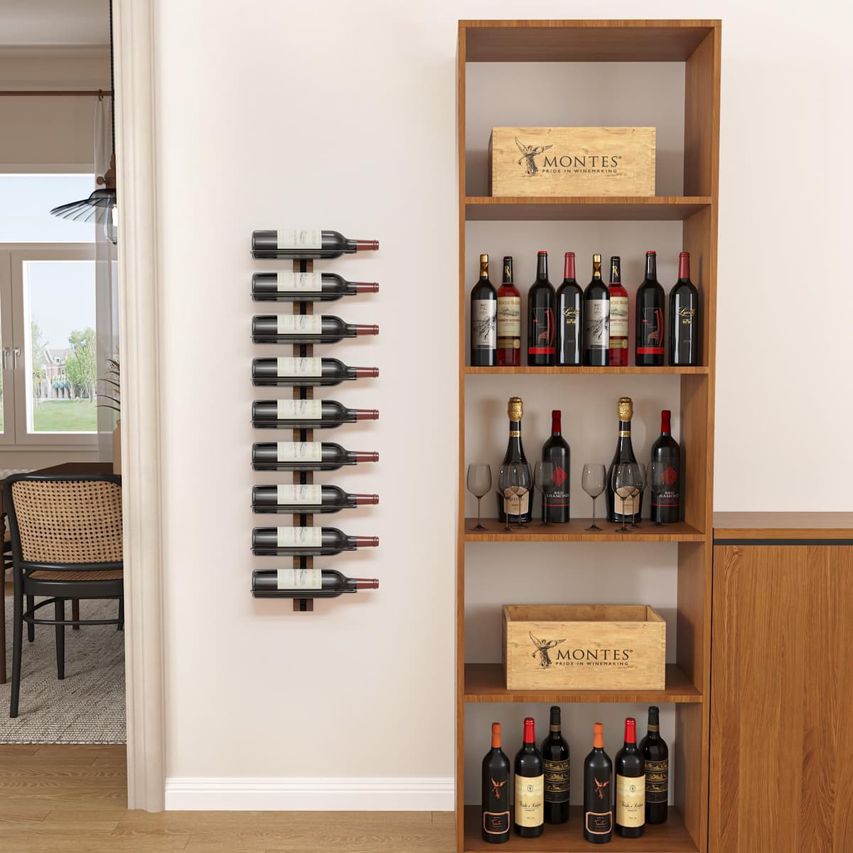 B4Life Estante De Vino Montado En La Pared,botellero Pared,botellero Vertical,Botella Vino Pared,estantería De Vino, Botella Vino Paredpara 9 Botellas, Soporte De Madera para Cocina, Comedor, Bar — view 4