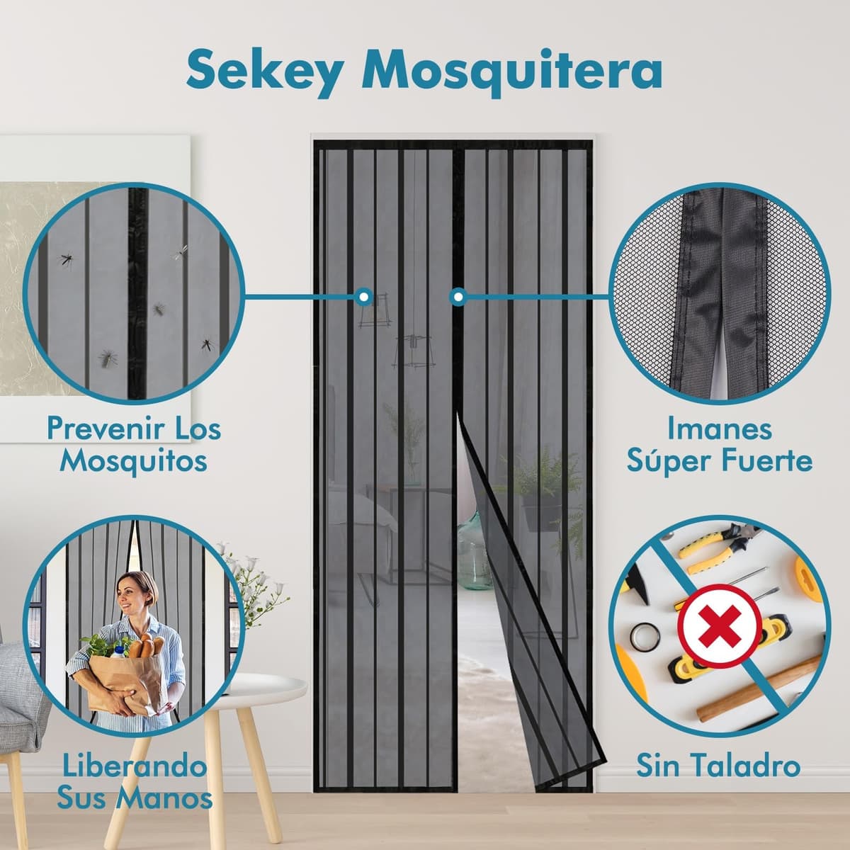 Sekey 80 x 205 cm Mosquitera para puertas, cortina magnética antiinsectos avanzada para balcón y patio, montaje fácil de pegar, kit de instalación completo, negro — view 2