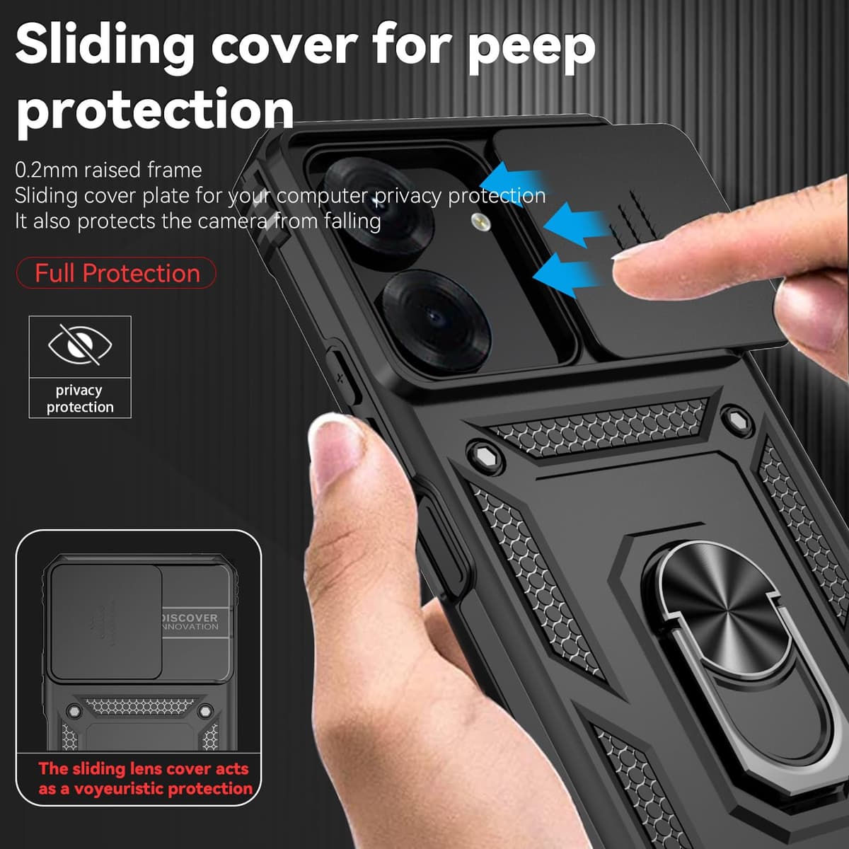 Jiyu Funda Compatible con Xiaomi Redmi 13C/ Poco C65 Carcasă Armor Militar Cubierta de Cámara Deslizante Proteger Fundas con 360 Full Protección Anillo Soporte Silicona Estuche Cover Case,Negro — view 3