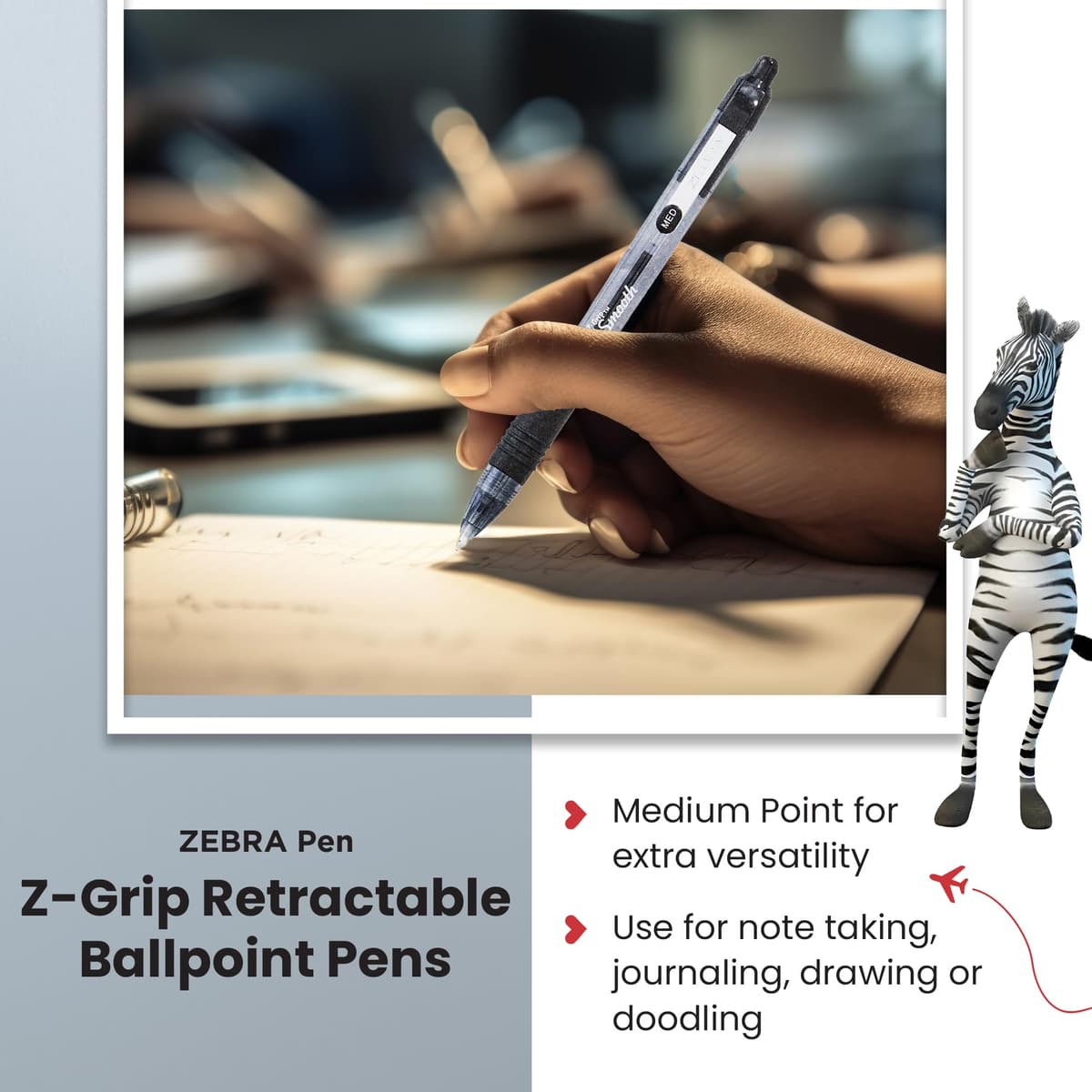 Zebra Pen Z Grip Black Ballpoint, Smooth & Comfortable Pens With Pocket Clip, Retractable Ballpoint, Reliable Black Biro Pens Multipack For Everyday Use - Black Ink, Medium Point — view 5