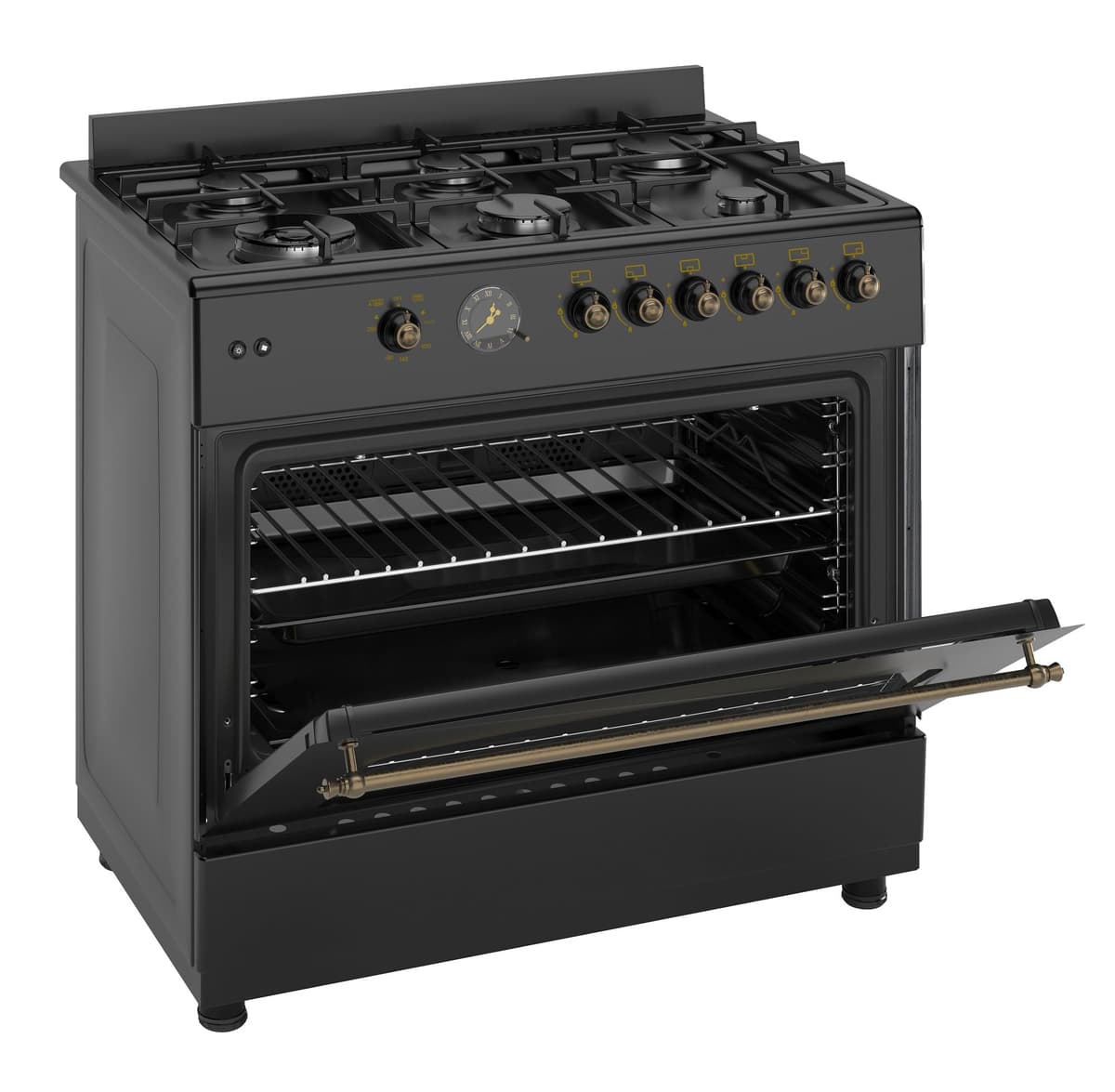 Ferre F9S60GF-BL-RETRO 90cm Gas Range Cooker With Double Turbo Fan & 6 Burner(1 Wok) Gas Hob - Black — view 2