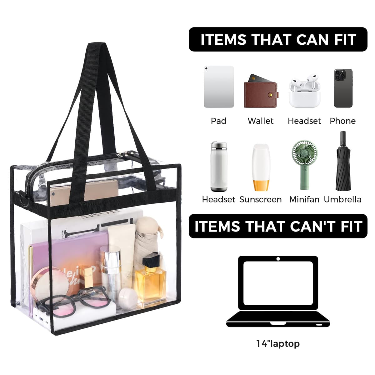 BAGAIL Clear Bags 12x6x12 Stadium Approved Clear Tote Bag with Zipper Closure Crossbody Shoulder Bag with Adjustable Strap — view 4