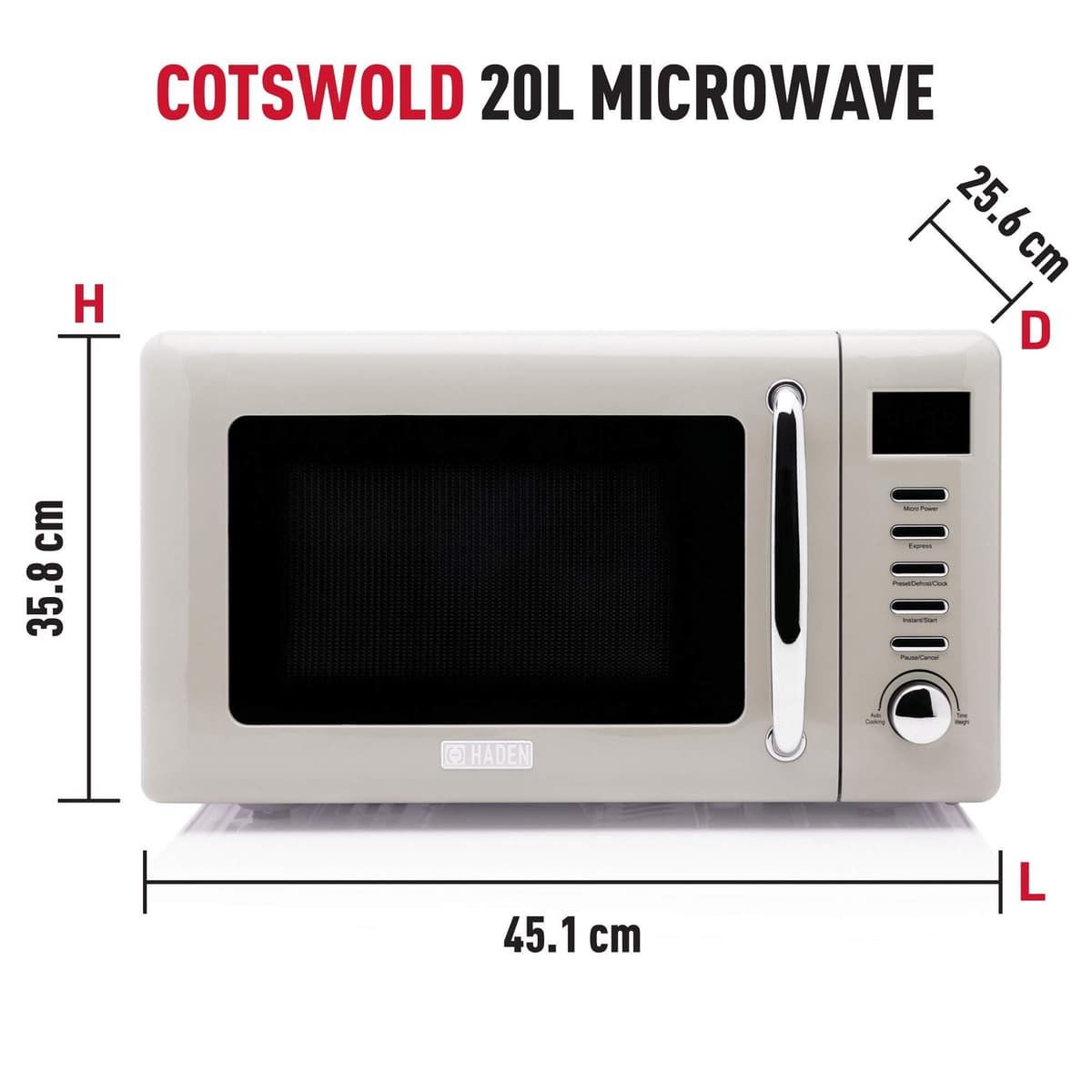 Haden Cotswold 800W Microwave Oven - 20L Capacity - 5 Power Levels Digital Microwave - 60 Min Timer, Easy To Clean, Defrost/Express Function, Stainless Steel Countertop Microwave - Putty — view 3