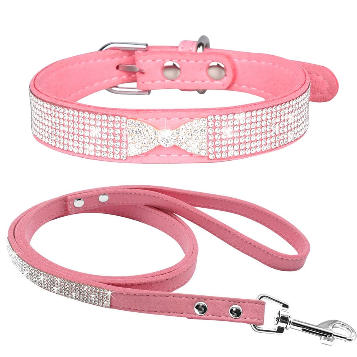 Cute Dazzling Sparkling Elegant Fancy Soft Suede Leather Bling Rhinestone Crystal Jeweled Pet Cat Dog Puppy Collar Dog Leash Combo Set (S, Black-2) — view 38