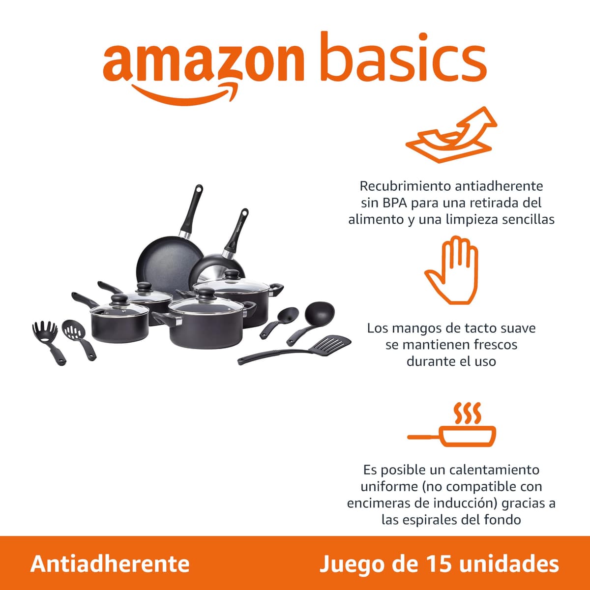 Amazon Basics Juego de utensilios de cocina antiadherentes, 15 piezas, Negro — view 2
