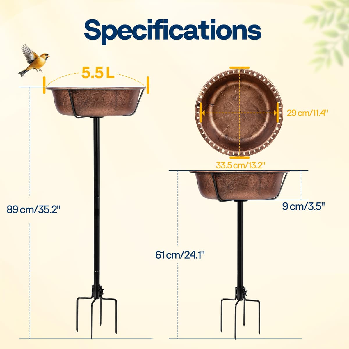 VIVOHOME Bird Bath for Garden, Metal Vintage Freestanding Birdbaths, Upgraded 4-Pronged Base, Bird Baths Feeder Bowl for Outdoor Garden Patio Yard Lawn Decor Retro Bronze — view 3