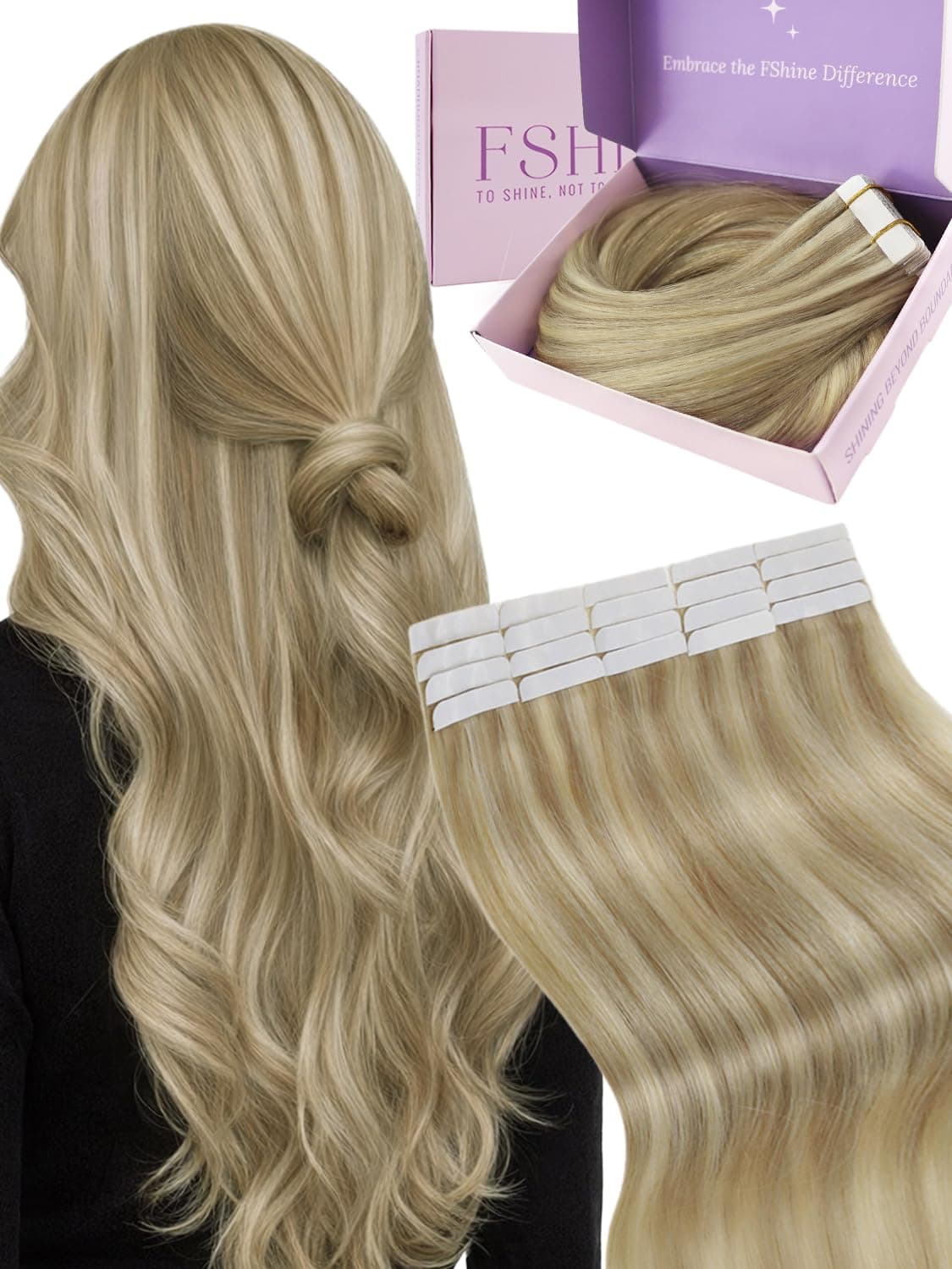 Fshine Extensiones Adhesivas Pelo Natural Extensiones de Cabello 14 Pulgadas 35CM 50g Rubio Dorado Highlight Rubio Claro 20PCS Cabello Humano Color 16P22 Color 16P22