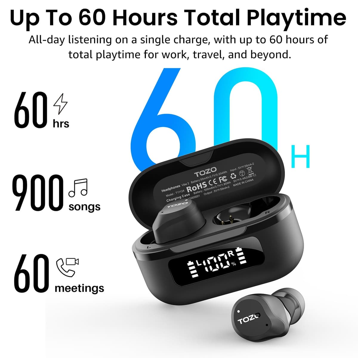 TOZO Hybrid Auriculares Inalámbricos Bluetooth 5.3 ANC Híbrida 6 Mics ENC, Reducción de Ruido 45dB, ORIGX 2.0 Acústico 32 EQs, 60H, Pantalla LED, USB Tipo C, IPX8, para Oficina y Commuting, Negro — view 4