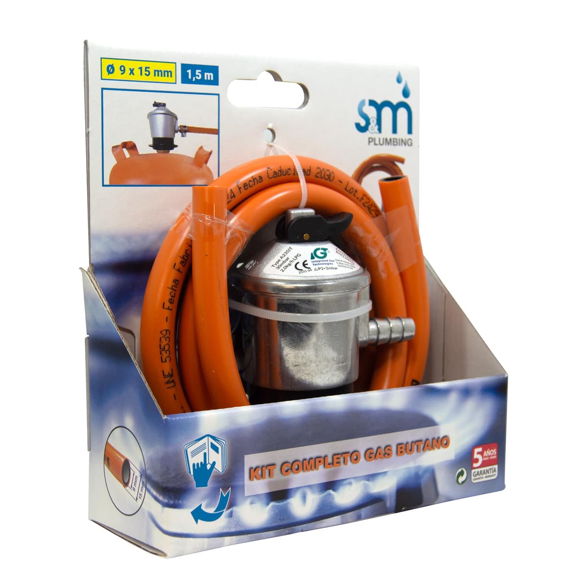 S&M 321771 - Kit completo butano: Regulador de gas butano + Tubo Goma 1,5 metros + 2 abrazaderas de seguridad | Homologado para España | Apto para cocinas, estufas, calderas y barbacoas — view 3
