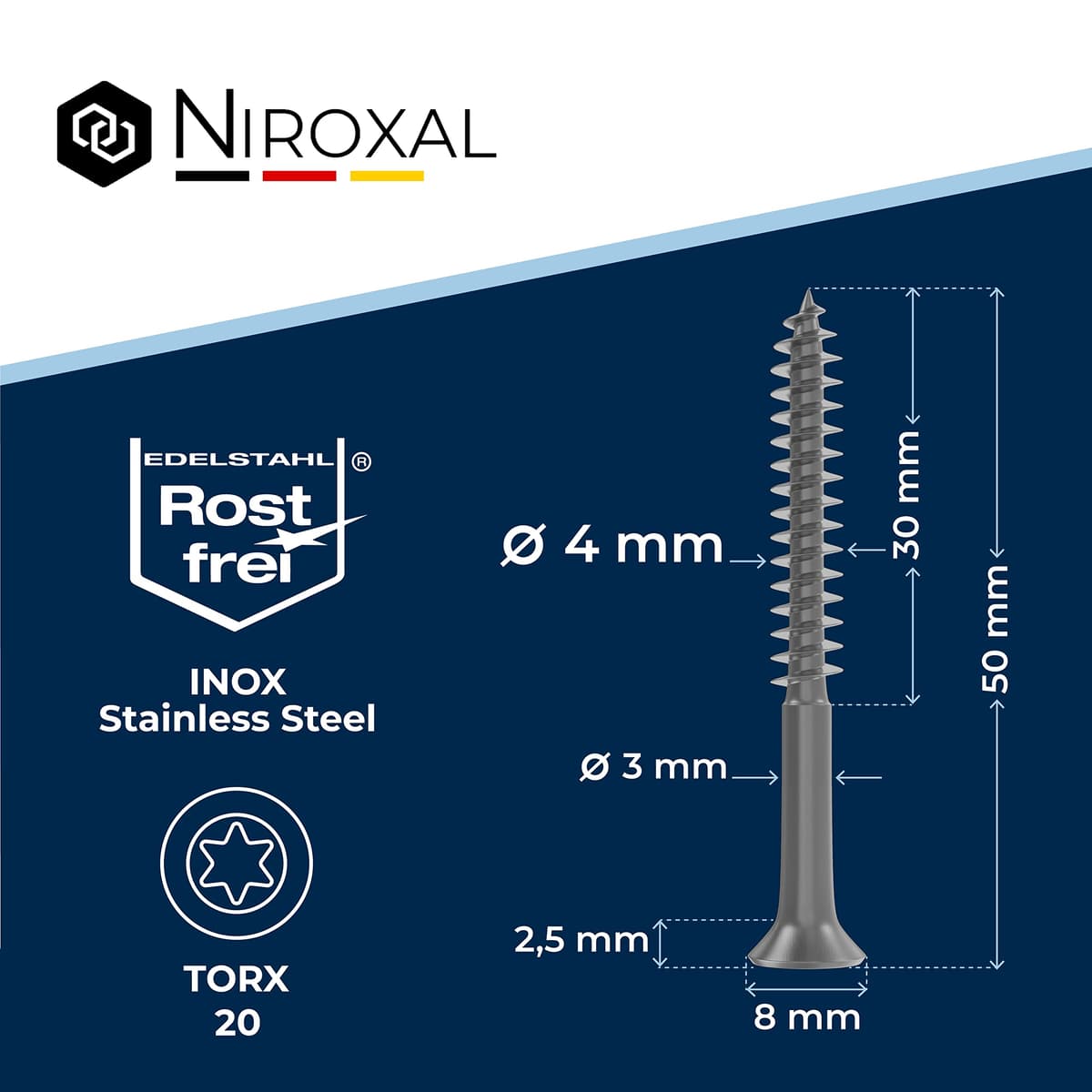 Tornillo de cabeza avellanada TORX de acero inoxidable fabricado en V2A 4-mm de espesor 50-mm de longitud del tornillo 100 piezas Rosca parcial de 30-mm Tornillo para madera 4x50 A2 — view 2